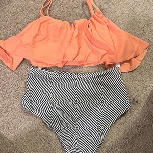 Cupshe Coral Ruffle Bikini with Striped Bottoms